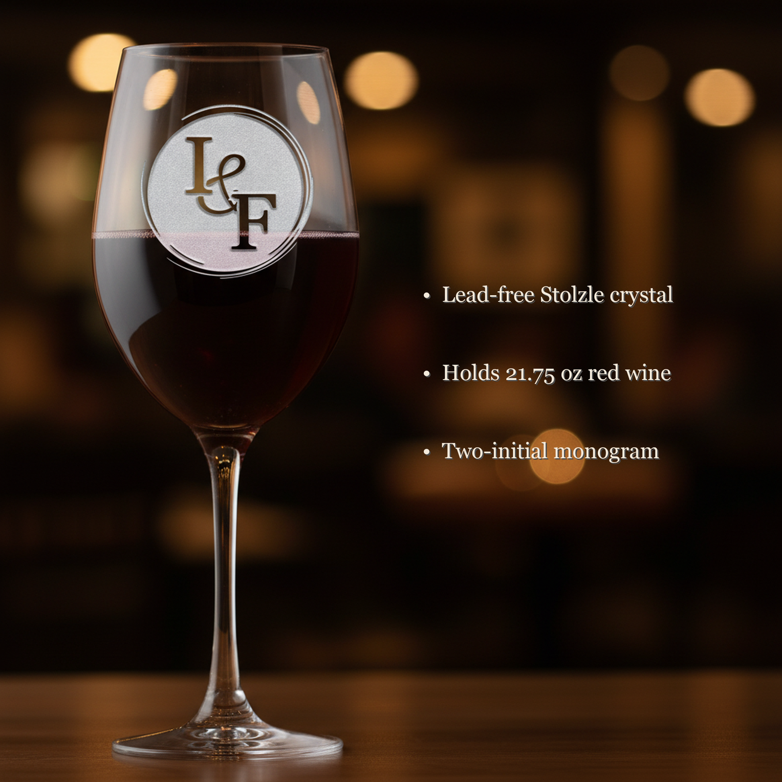Anniversary Crystal red wine glass features — lead-free Stolzle crystal, holds 21.75 oz red wine, two-initial monogram engraving