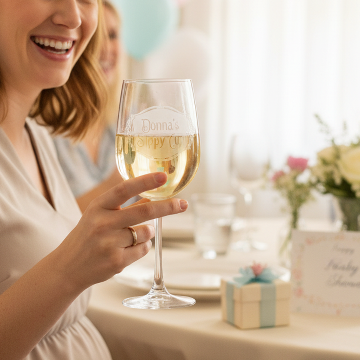 Woman holding the personalized Sippy Cup Wine Glass with engraving visible