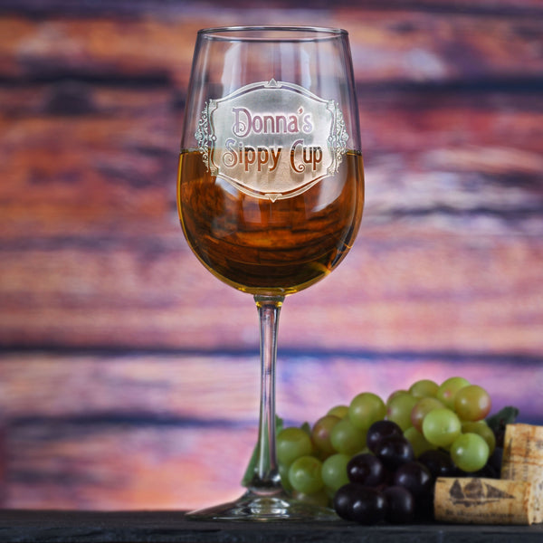 Sippy Cup personalized stemmed wine glass — sand-carved engraving