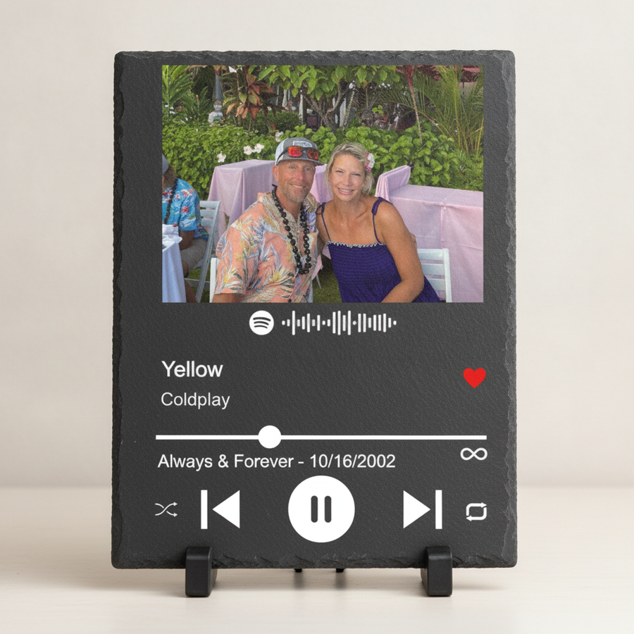 Personalized Spotify song plaque, slate stone music plaque with a custom photo, song title, and scannable code, a thoughtful personalized anniversary gift for her.