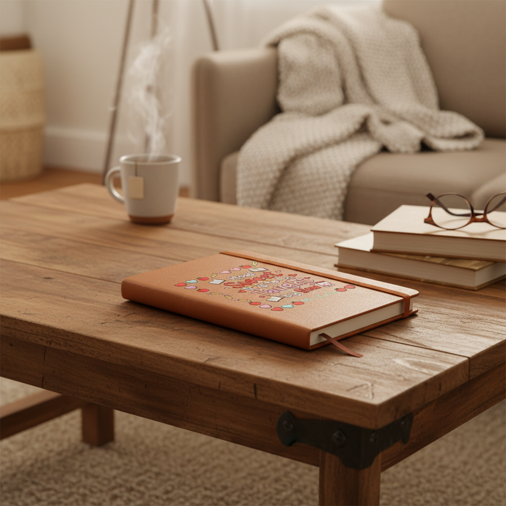 Tan vegan leather notebook with embroidered floral design on cover, displayed open on wooden table with mug and glasses nearby