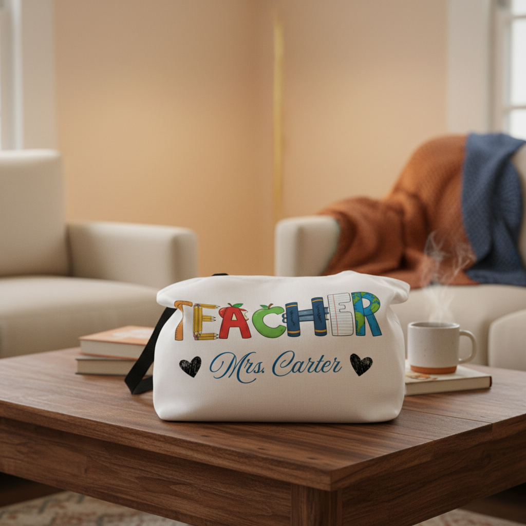 White tote bag with colorful "Teacher" text made from school supply illustrations, personalized with sample name "Mrs. Carter" in script and decorative hearts, displayed on wooden table.