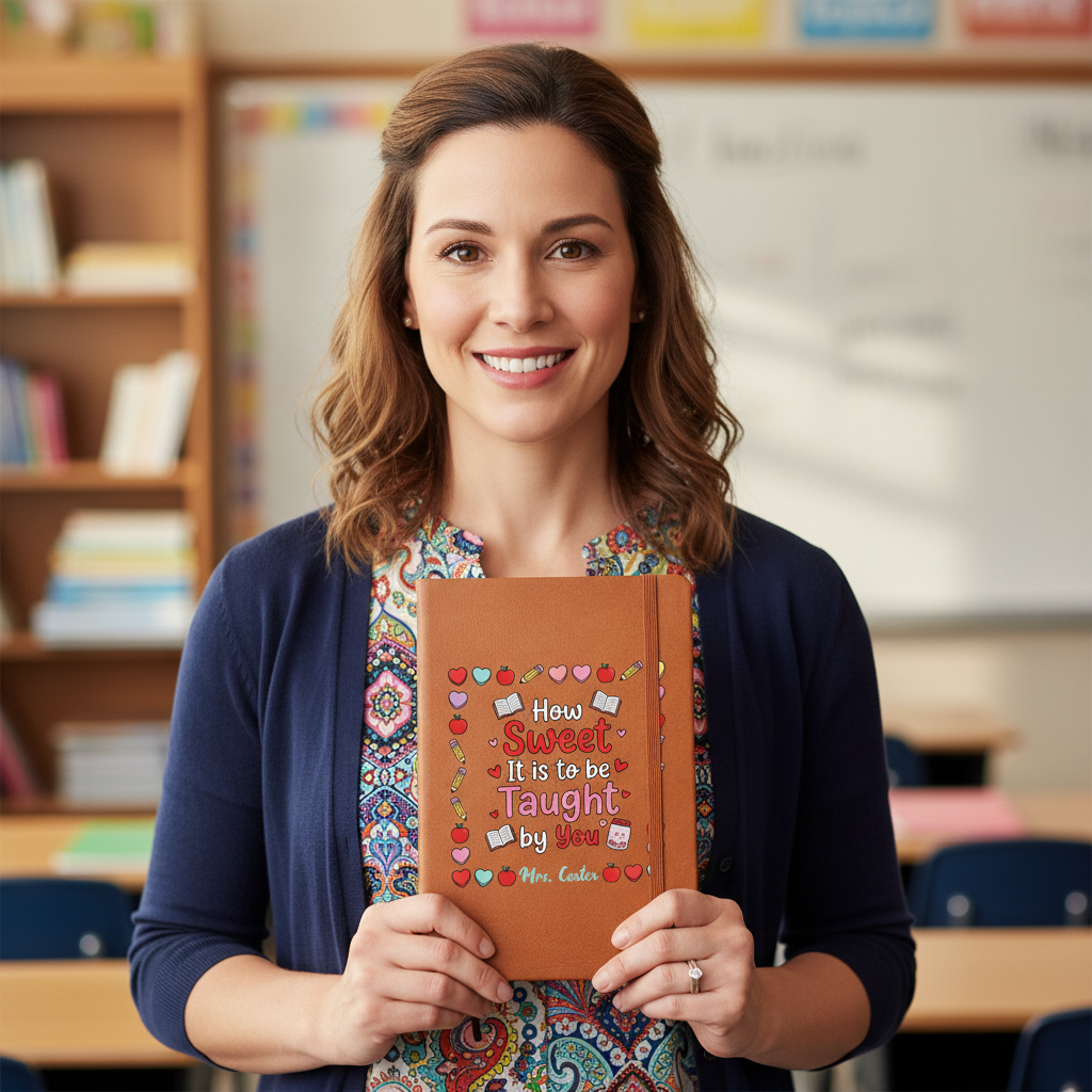 Woman holding tan vegan leather notebook with "How Sweet It is to be Taught by You" design and sample name "Mr. Caster" in classroom setting