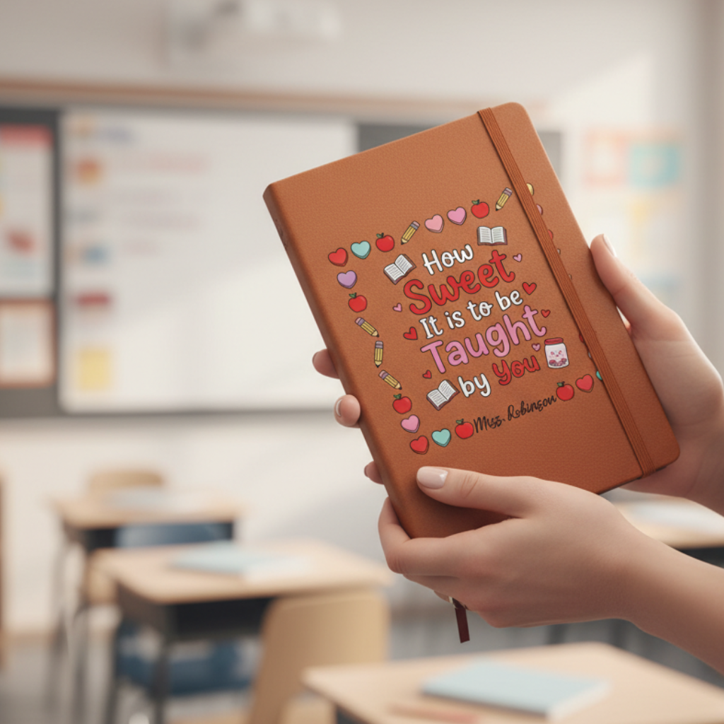 Tan vegan leather notebook with elastic band closure, printed with "How Sweet it is to be Taught by you" in red and pink text, decorative hearts, apples, pencils, and books, and sample name "Miss Robinson" in script.