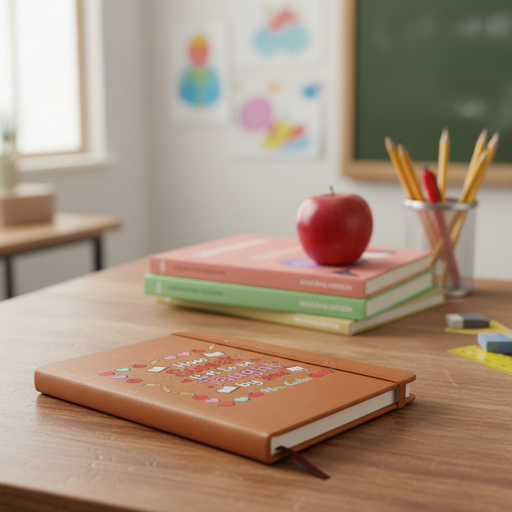 Tan vegan leather notebook with colorful heart and text design on cover, displayed open on wooden desk in classroom setting with pencils and books nearby