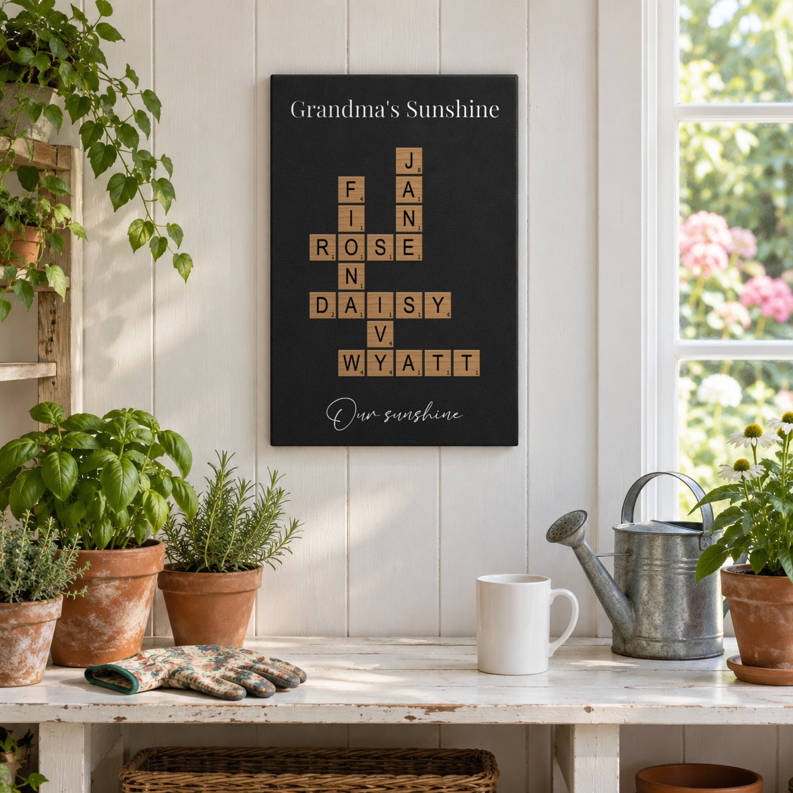 Unique gift for Grandma who loves to garden: a Grandma's Sunshine crossword sign with grandkids' names in a bright garden room with herbs