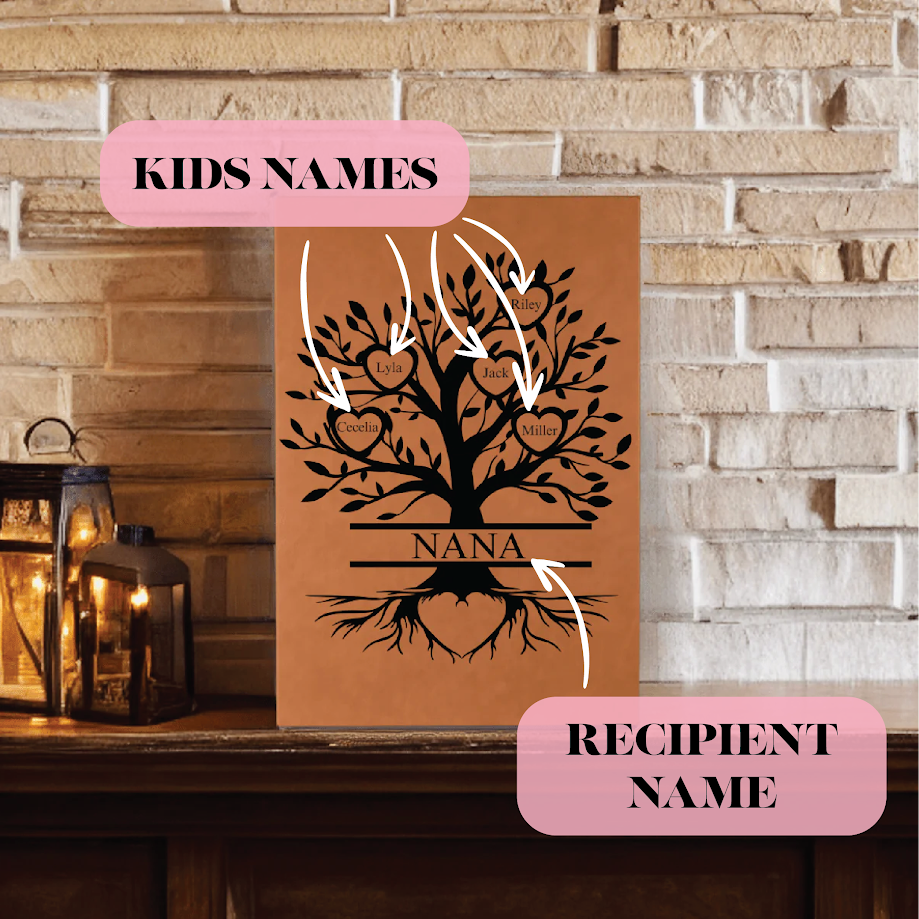 Copper leatherette family tree with sample names "Lyla," "Jack," "Cecelia," and "Miller" engraved in heart-shaped branches, "NANA" on trunk, displayed on shelf against brick wall