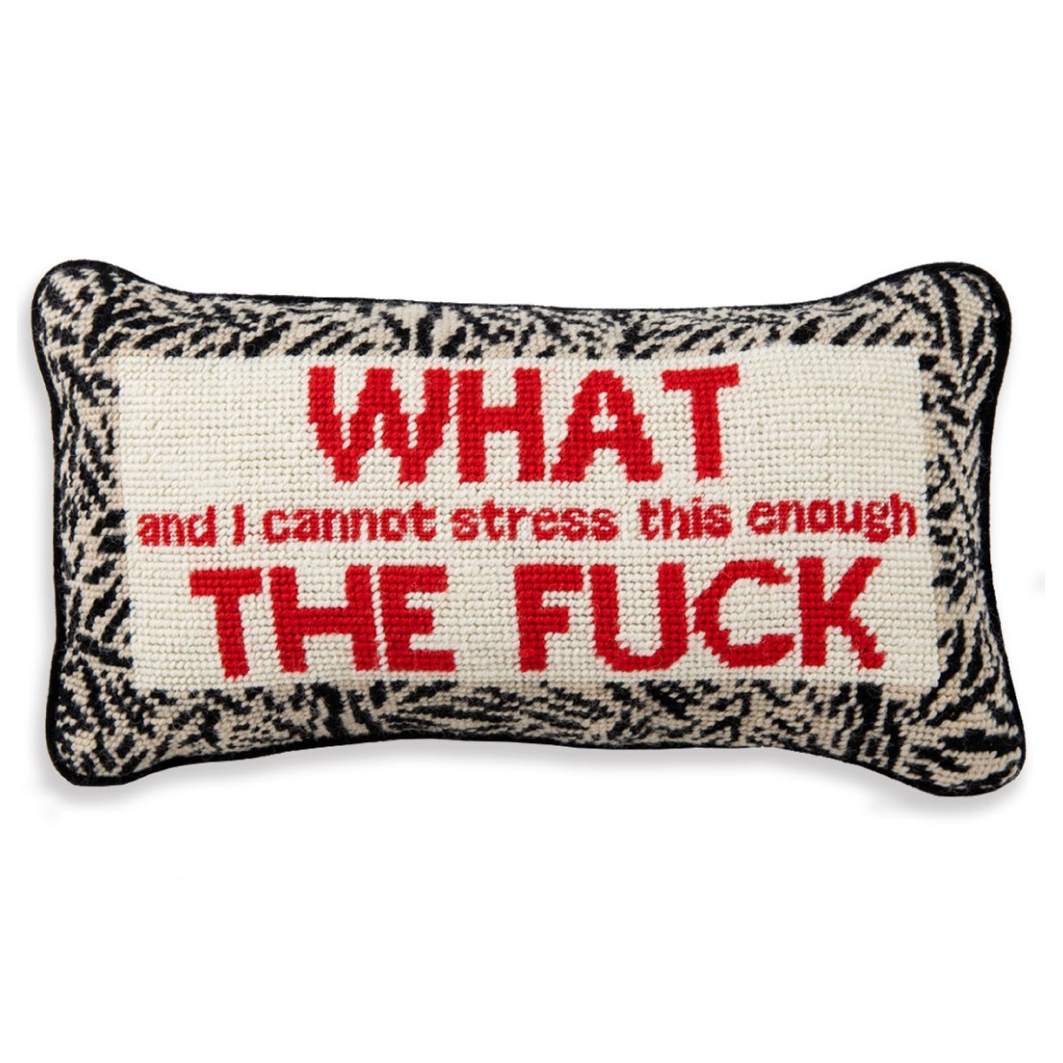 WTF needlepoint pillow with premium 100% wool embroidery and cotton velvet backing, 8x14 inches, for a humorous and stylish home accessory.
