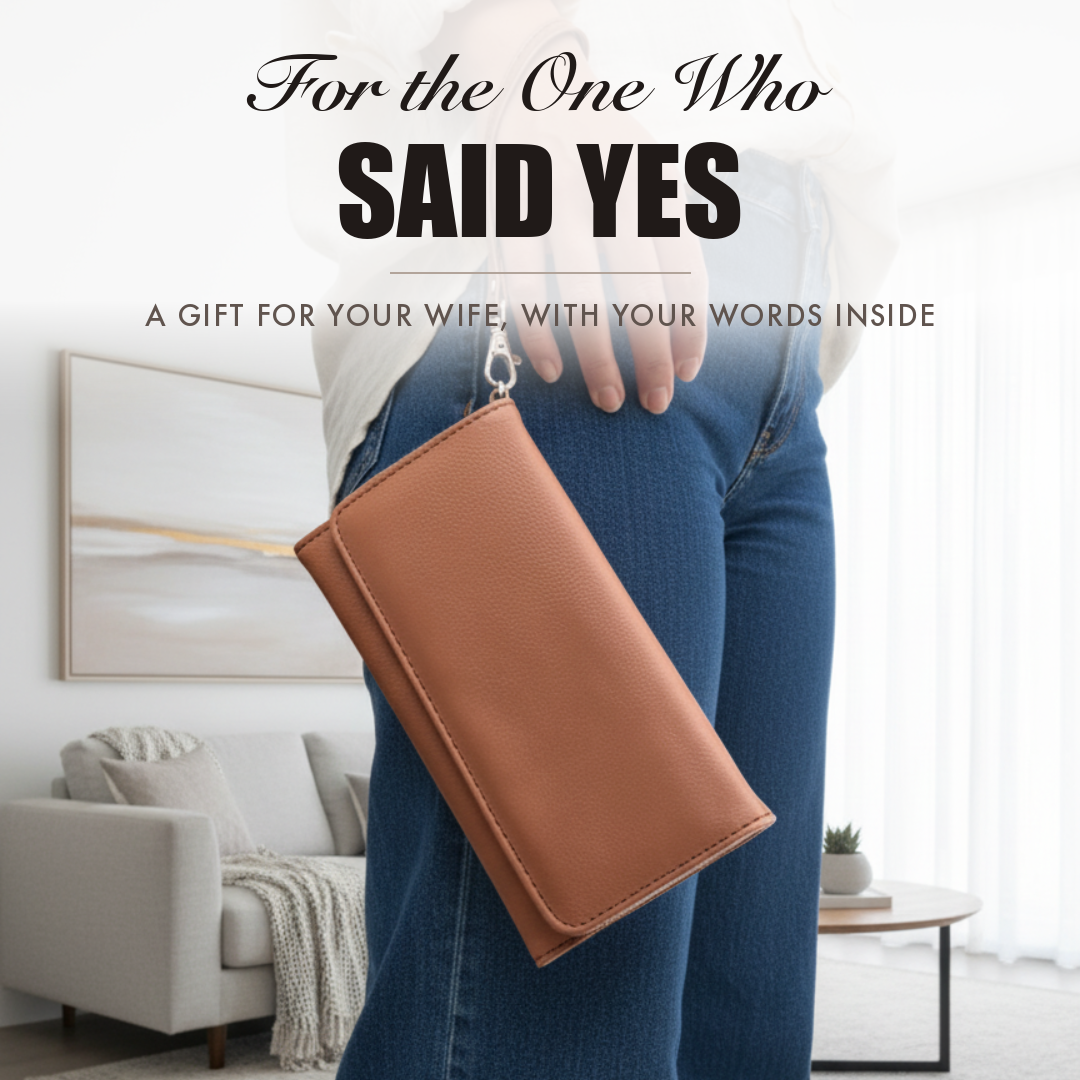 Brown faux leather wristlet held by a woman, captioned For the One Who Said Yes, shown as a personalized romantic gift for a wife.