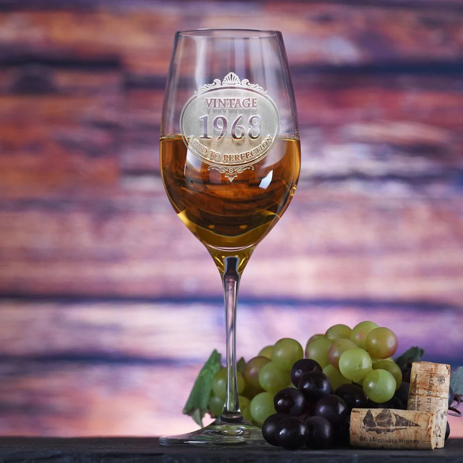 Vintage Year personalized birthday wine glass with sand-carved year of birth