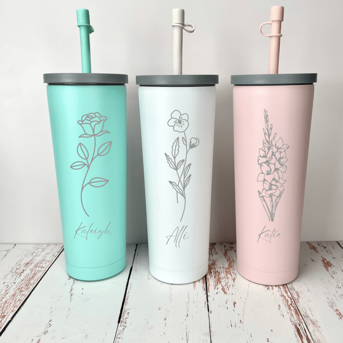 Personalized Birth Flower Bliss Skinny Tumbler for her, Customized Gifts for Women by Groovy Girl Gifts