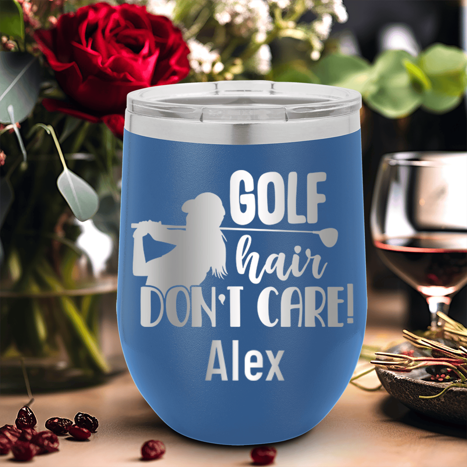 Blue Golf Gifts For Her Wine Tumbler With Golf Hair Dont Care Design