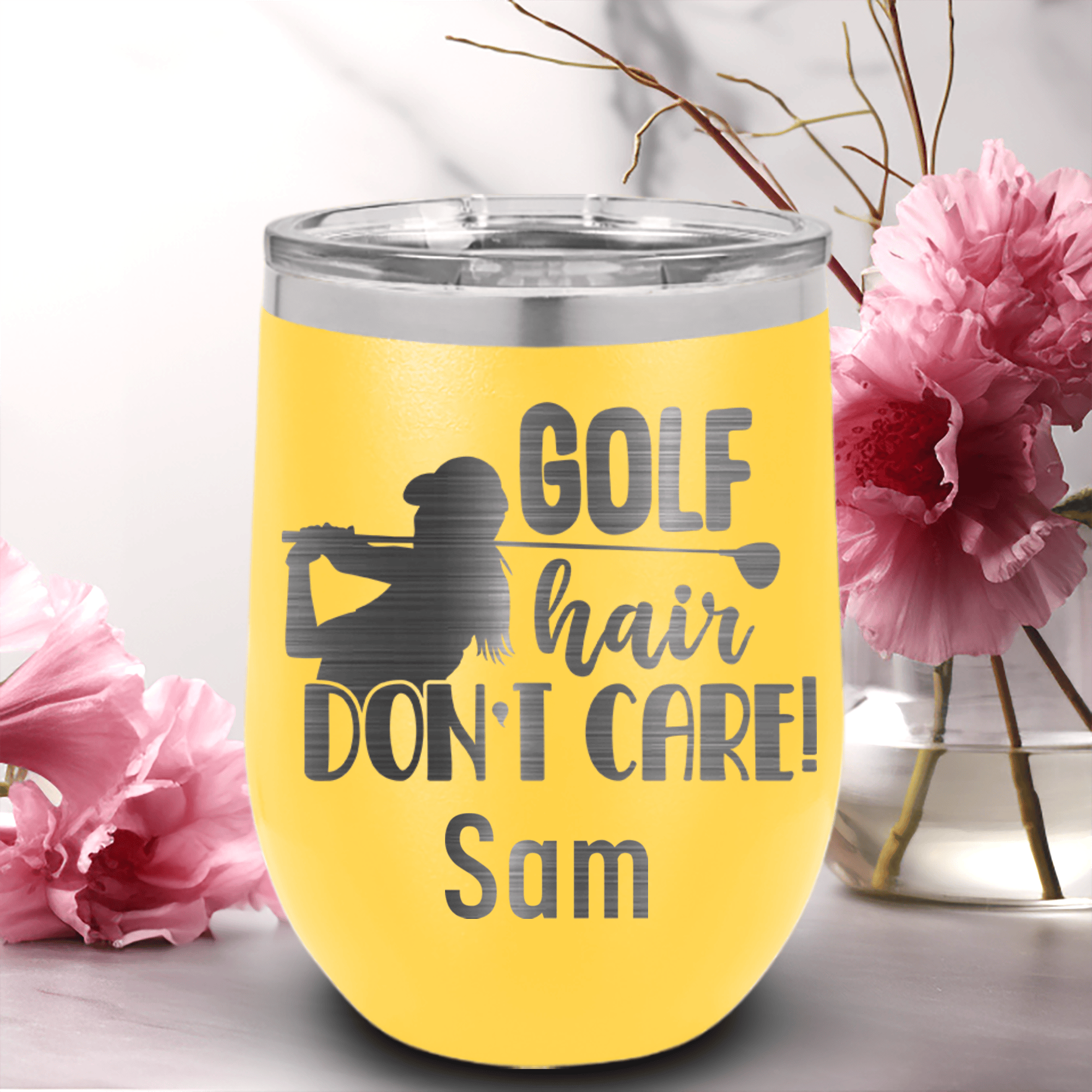 Yellow Golf Gifts For Her Wine Tumbler With Golf Hair Dont Care Design