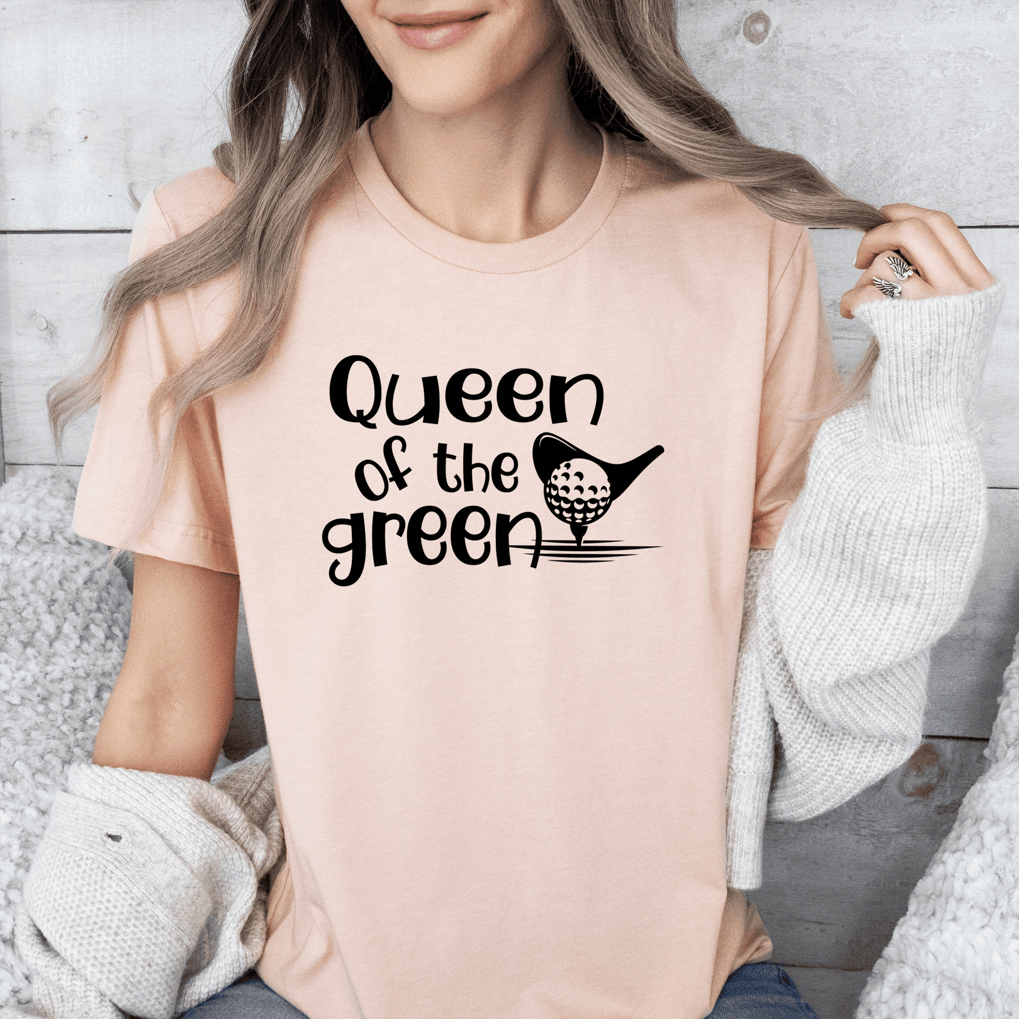 Womens Heather Peach T Shirt with Queen-Of-The-Green design