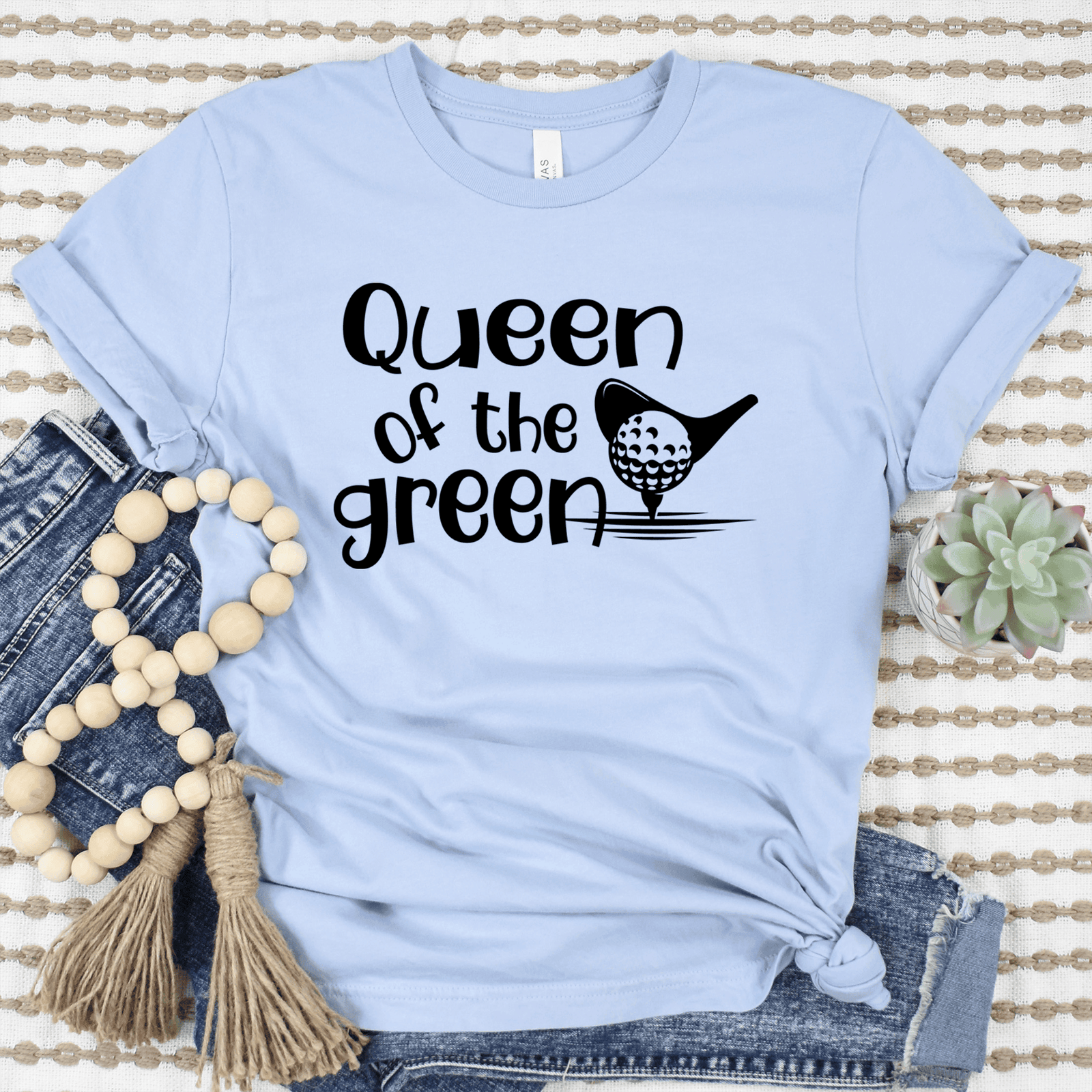 Womens Light Blue T Shirt with Queen-Of-The-Green design