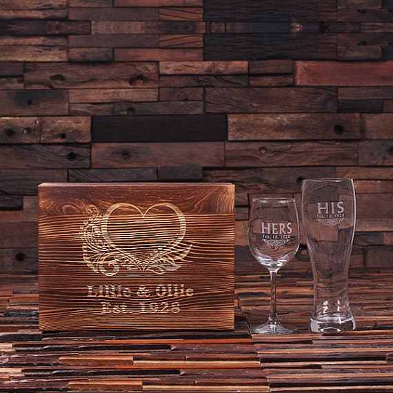 Gift Set PERSONALIZED HIS AND HERS WINE AND BEER GLASS WITH WOOD GIFT BOX