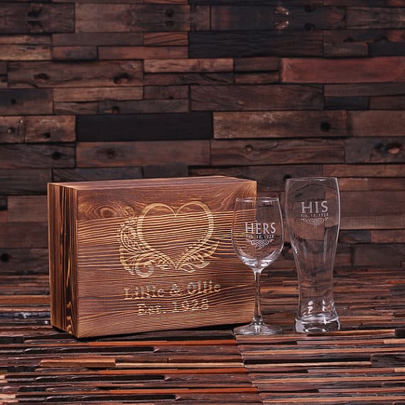 Gift Set PERSONALIZED HIS AND HERS WINE AND BEER GLASS WITH WOOD GIFT BOX