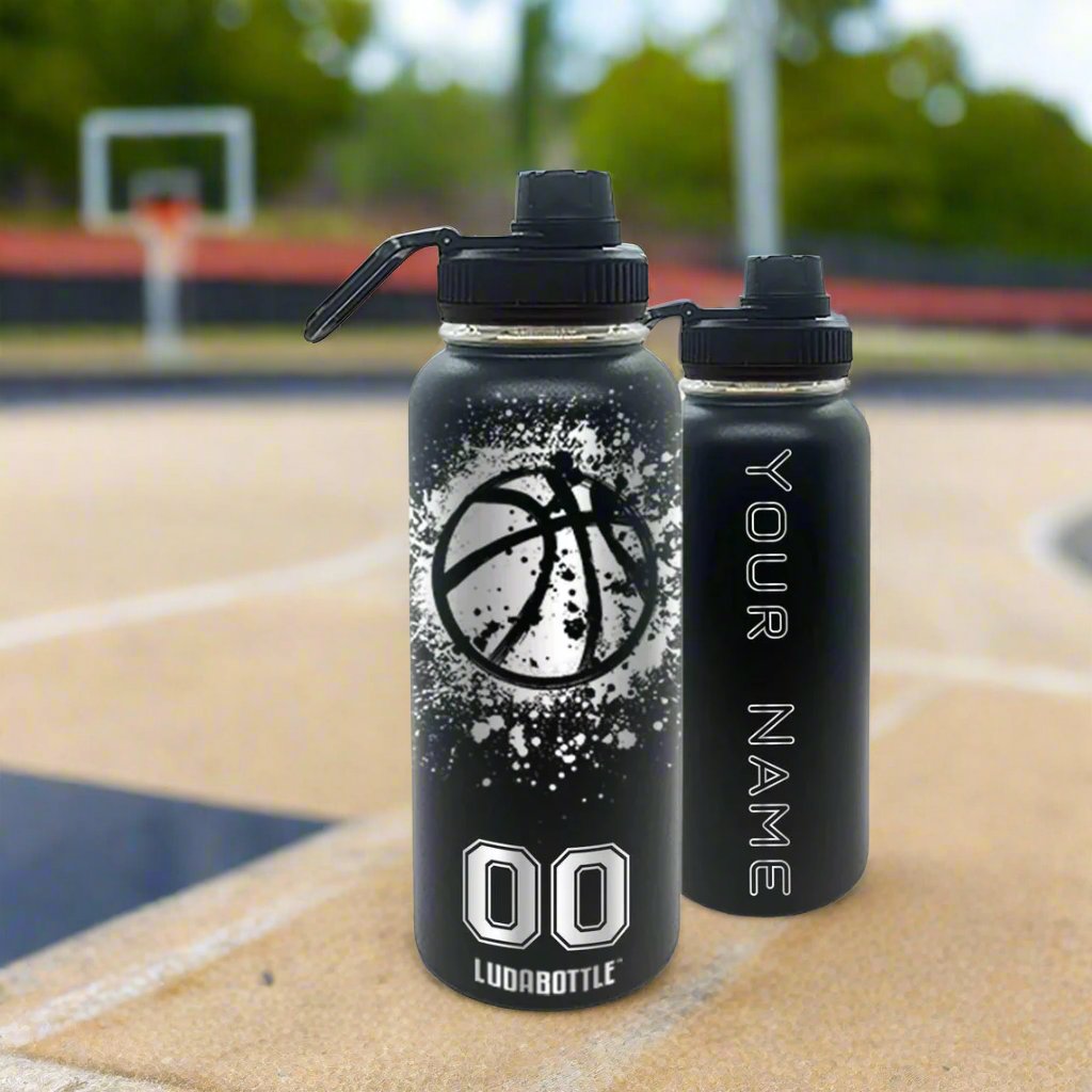 Water Bottle Basketball Engraved Number Name Black