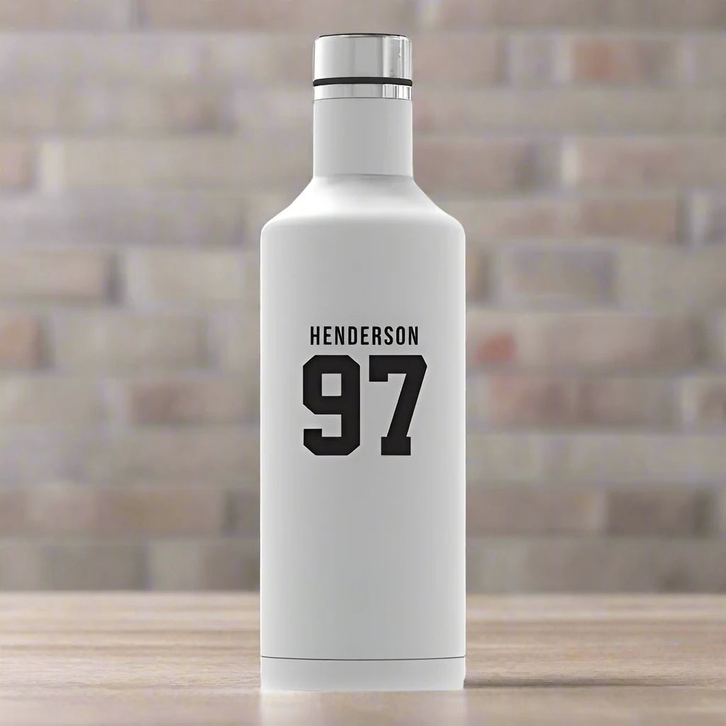Personalized Water Bottle Sporty Sipper White with Narrow Mouth and Name and Number
