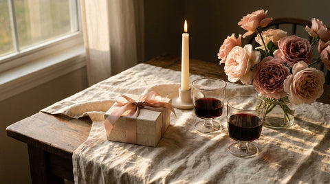 A romantic anniversary evening at home with a wrapped gift tied in blush ribbon, two glasses of red wine, a lit candle, and blush roses in warm golden light, anniversary gifts for your girlfriend.