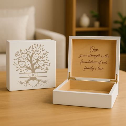 Personalized family tree keepsake box engraved for grandma with her grandchildren's names