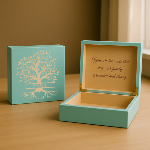Teal wooden family tree keepsake box with names engraved on the lid and a message inside, a sentimental gift for parents