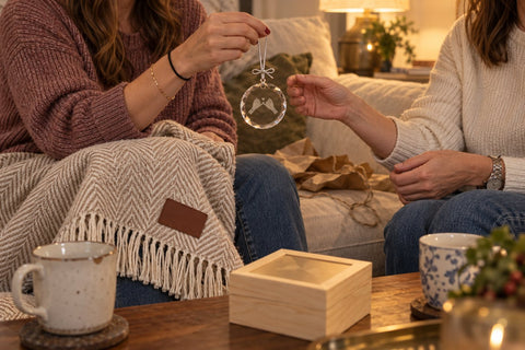 Two sisters on a cozy sofa holding up a personalized glass pinky promise ornament, with torn kraft paper, a wooden puzzle box and a herringbone throw blanket nearby