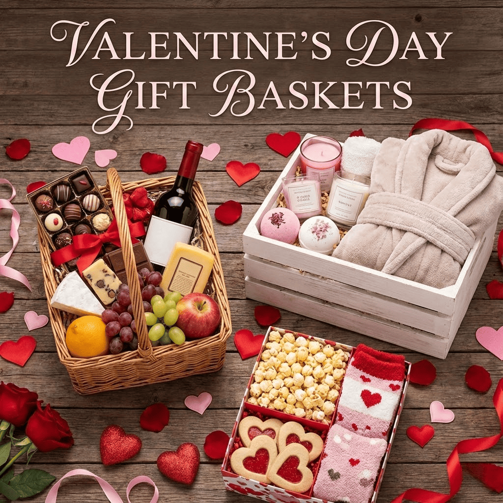 Luxury Valentine's Day Gift Basket for her filled with chocolates, red roses, and wine on a wooden table.