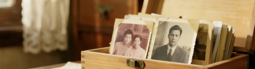 Personalized photo keepsake box with glossy photo tile and engraved details