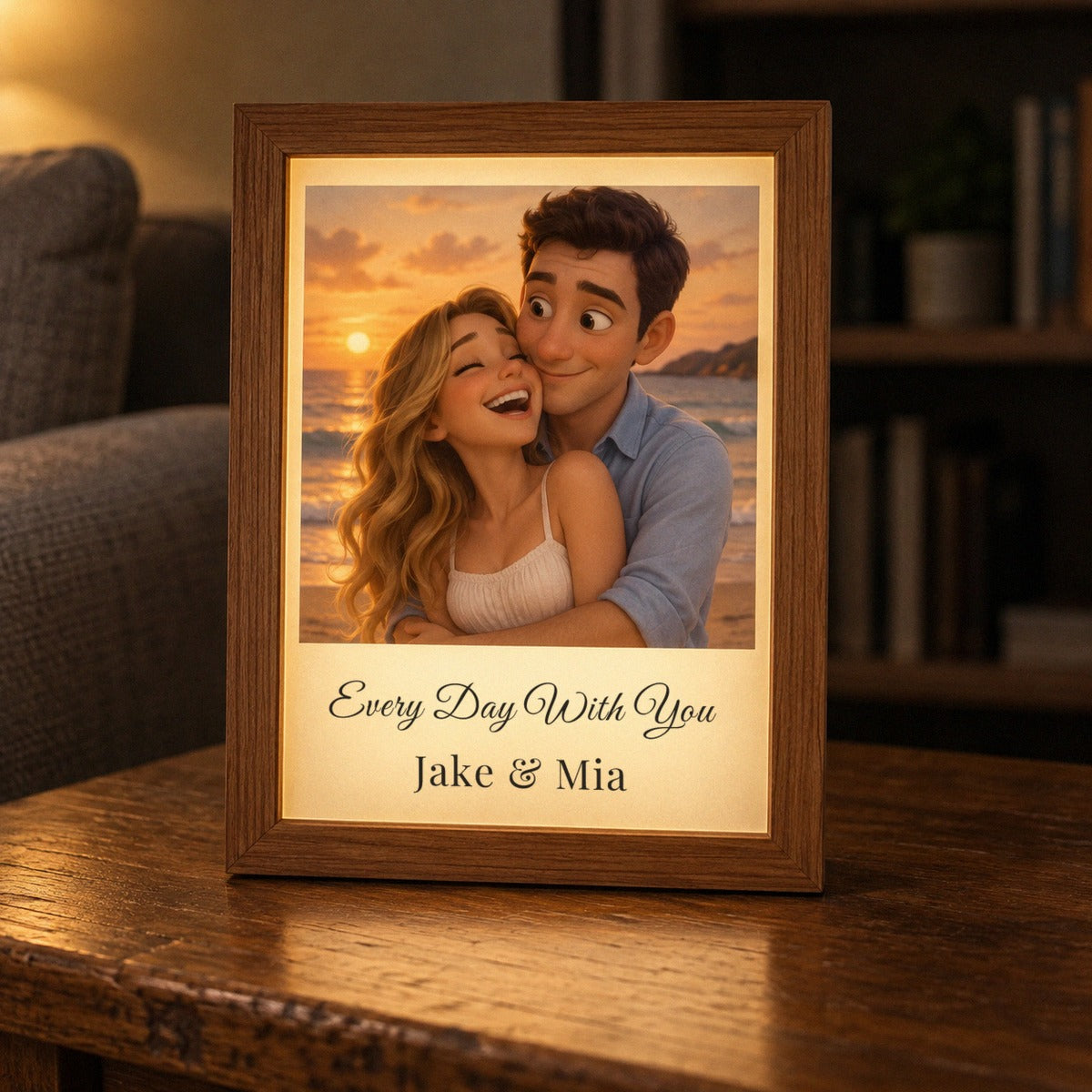 Animated picture frame for your girlfriend lit up on a side table, a couple hugging on a beach at sunset as a cartoon, Every Day With You, Jake &amp; Mia