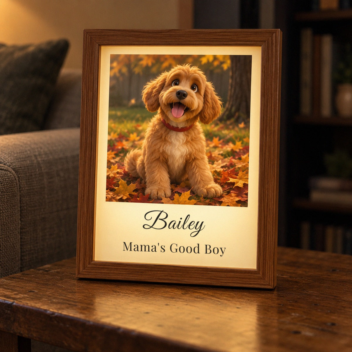 Animated pet portrait light box glowing on a living room table, a golden doodle in autumn leaves redrawn as a cartoon with Bailey and Mama's Good Boy below