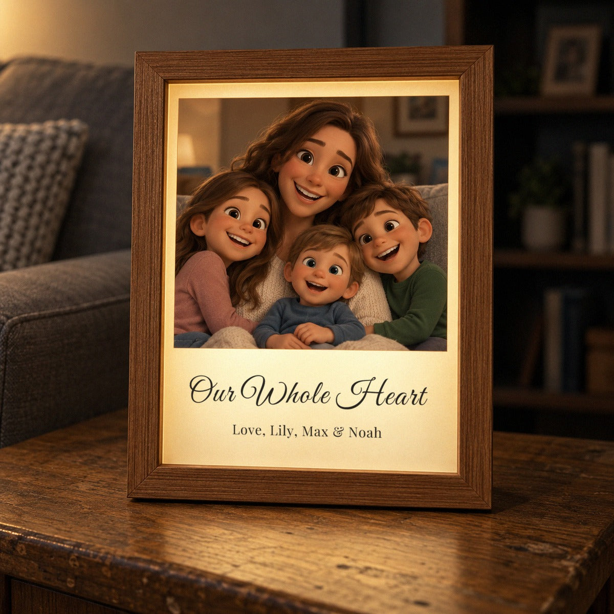 Animated family photo light box for mom on a living room table, a mom and three kids as a cartoon with Our Whole Heart and Love, Lily, Max &amp; Noah below