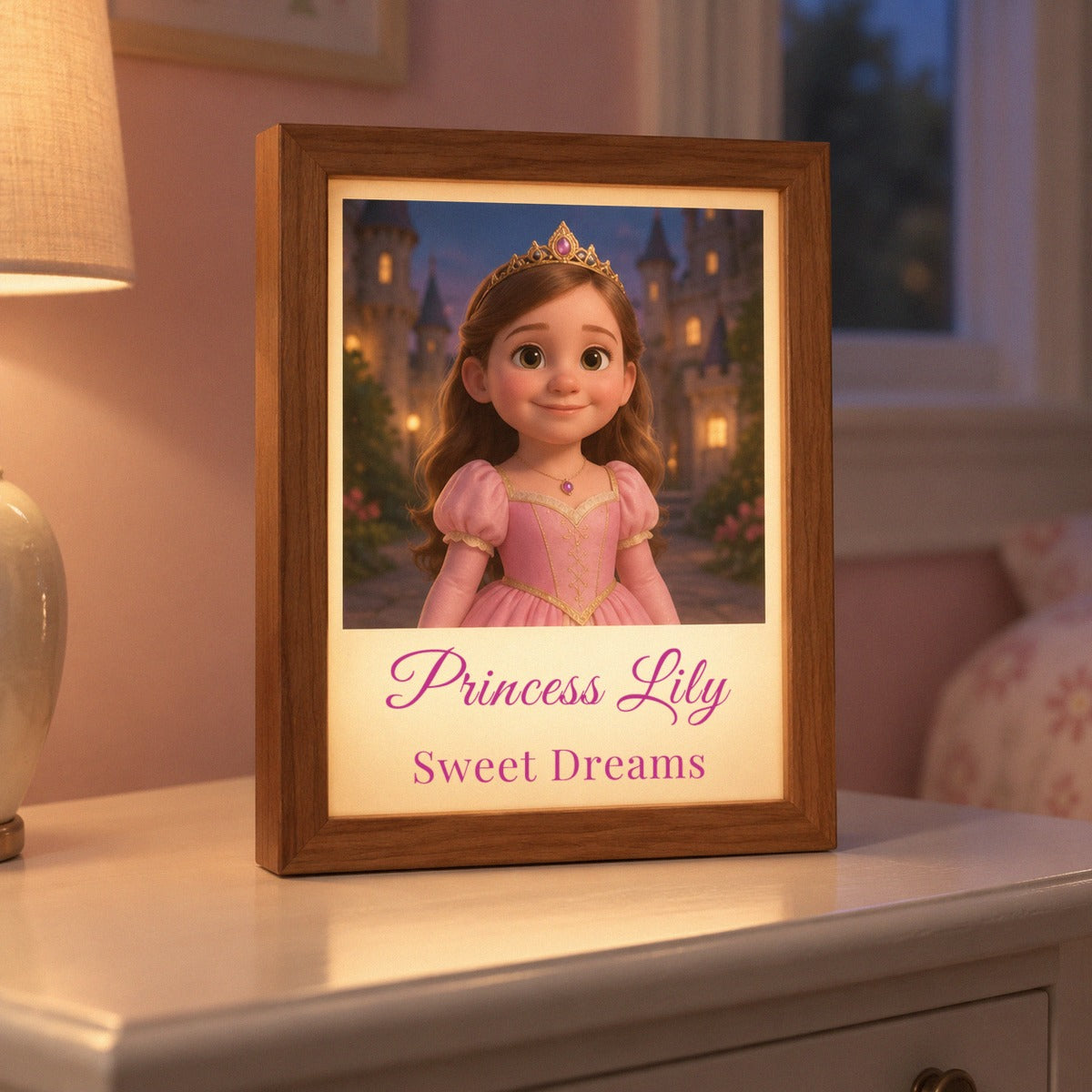 Personalized princess night light for a little girl glowing on her nightstand, her photo reimagined as a princess with Princess Lily and Sweet Dreams below
