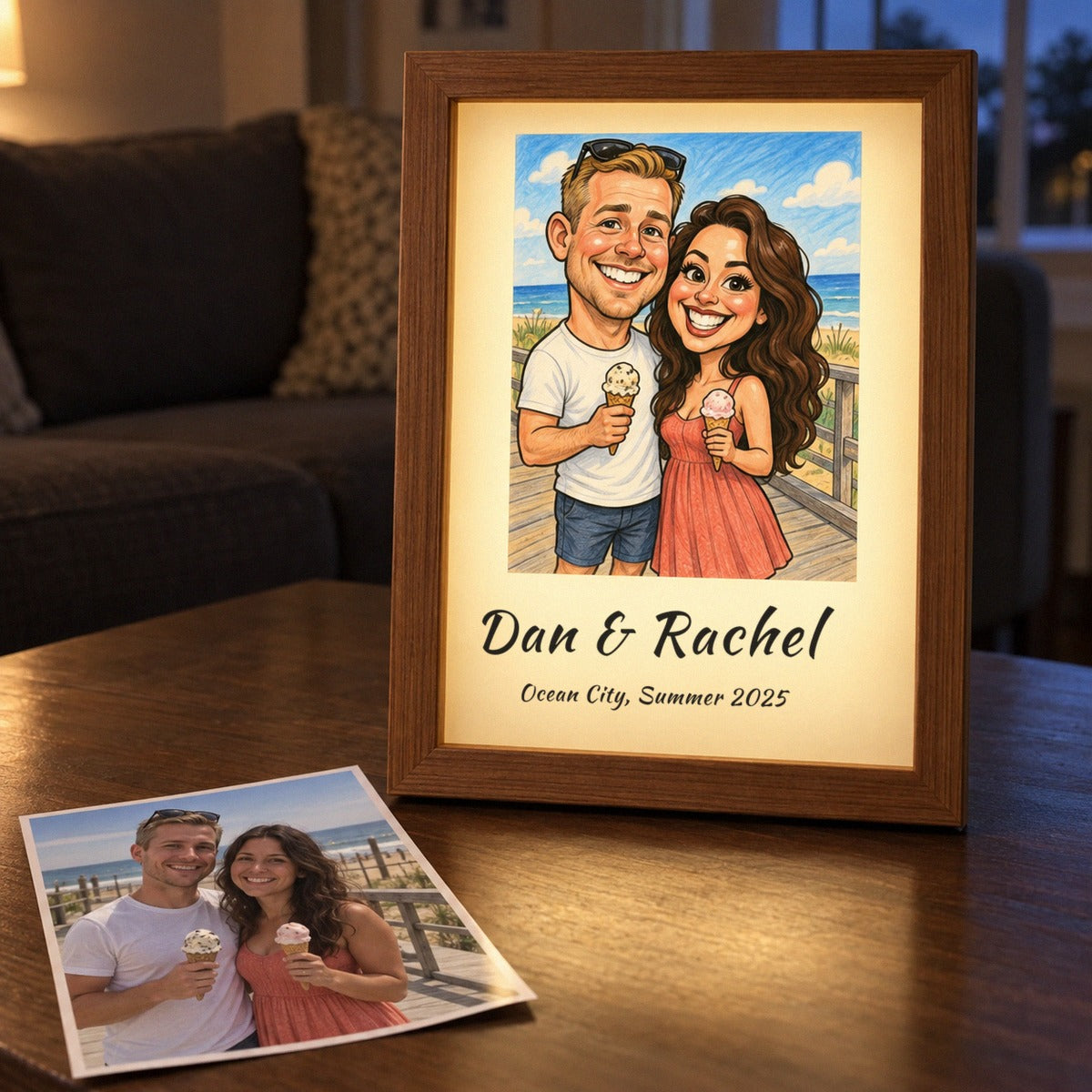 Real boardwalk photo of a couple beside the light box showing the same photo turned into a custom caricature, Dan &amp; Rachel, Ocean City, Summer 2025