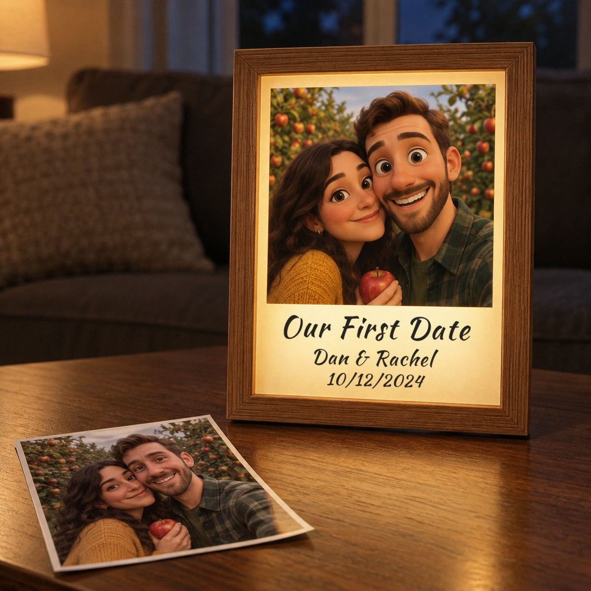 Real apple orchard photo of a couple beside the light-up frame showing the same photo as an animated picture, Our First Date, Dan &amp; Rachel, 10/12/2024