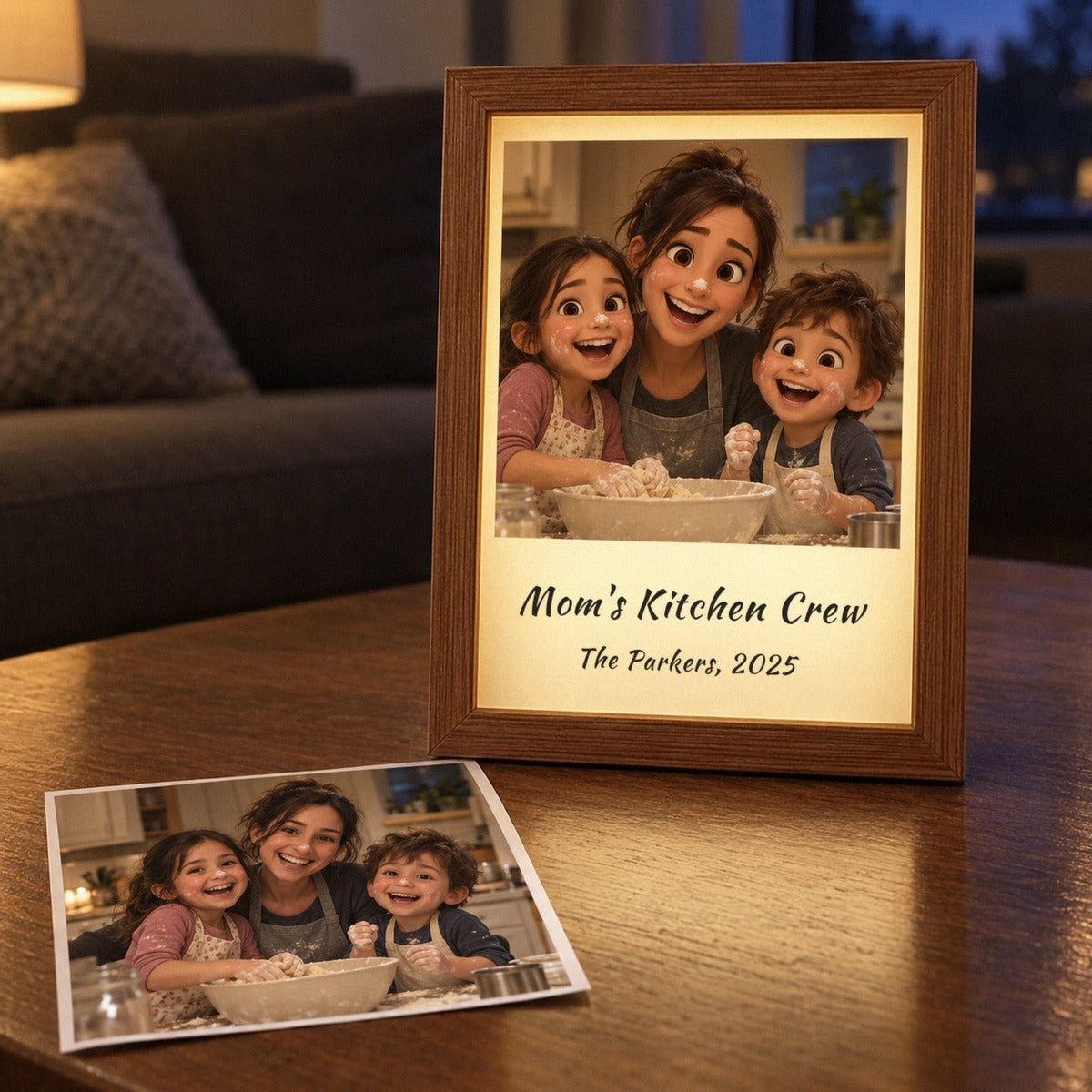 Real baking photo of a mom and two kids beside the lit light box showing the same family photo animated as a cartoon, Mom's Kitchen Crew, The Parkers, 2025