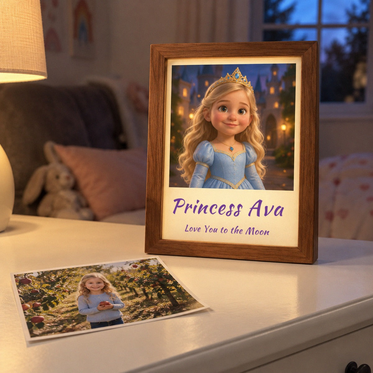 Photo of a little girl at an apple orchard beside the princess night light showing the same girl reimagined as a princess, Princess Ava, Love You to the Moon