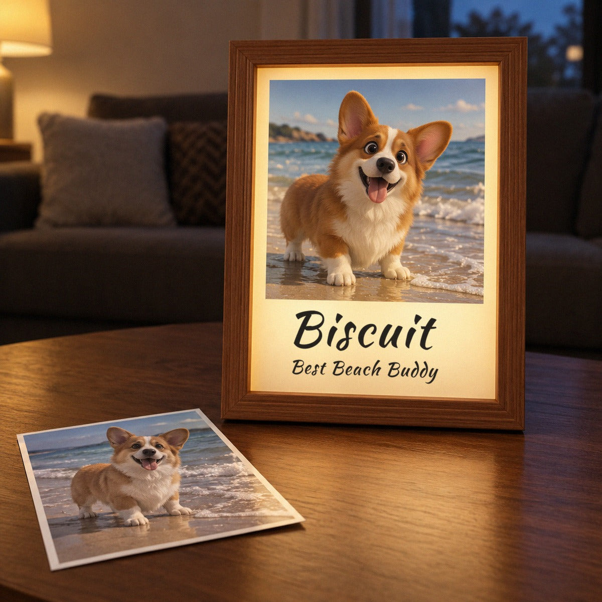 Real beach photo of a corgi beside the light box showing the same dog as an animated pet portrait, a custom cartoon pet gift reading Biscuit, Best Beach Buddy