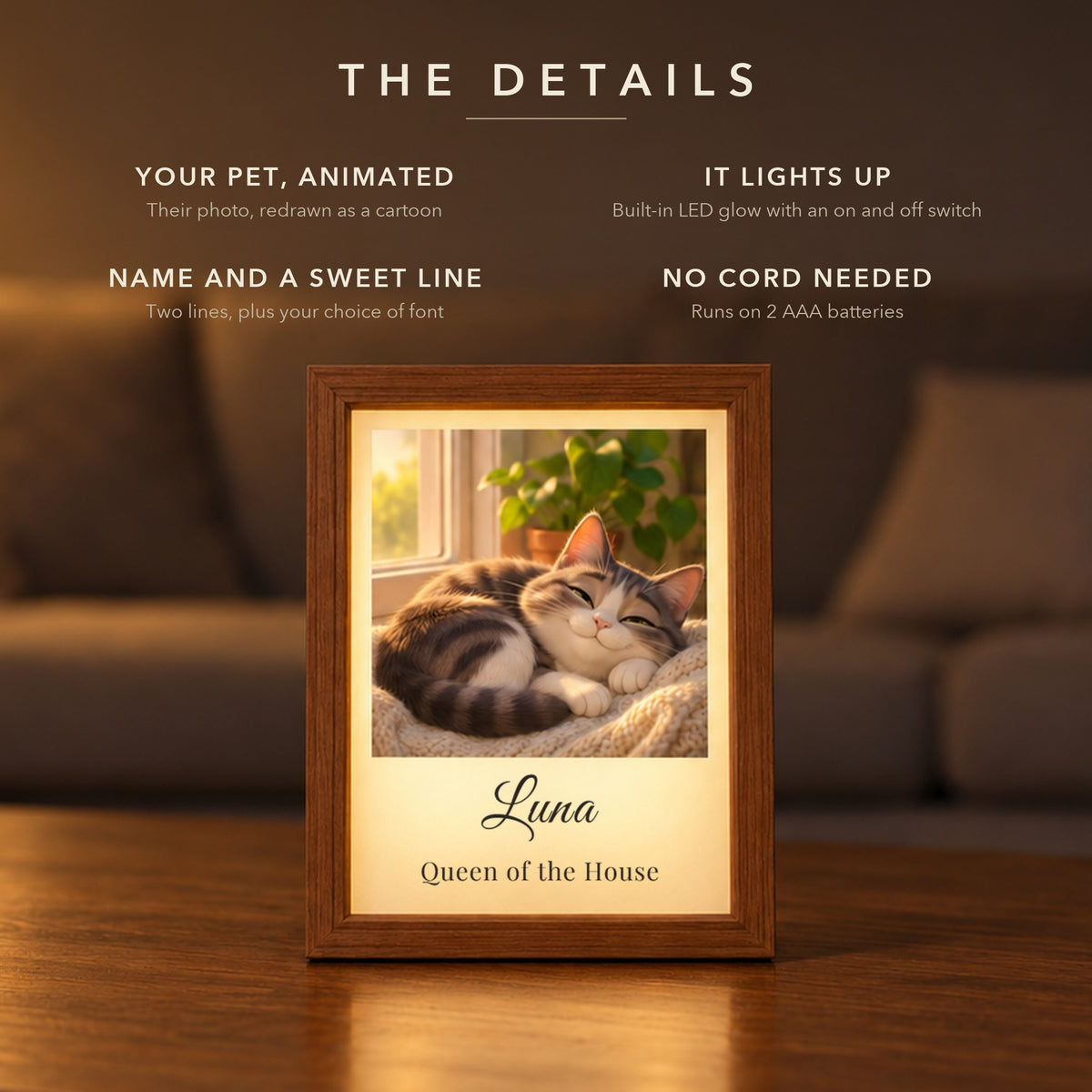 Details of the animated pet portrait light box: a tabby cat napping on a windowsill as a cartoon, soft LED glow, Luna and Queen of the House printed below