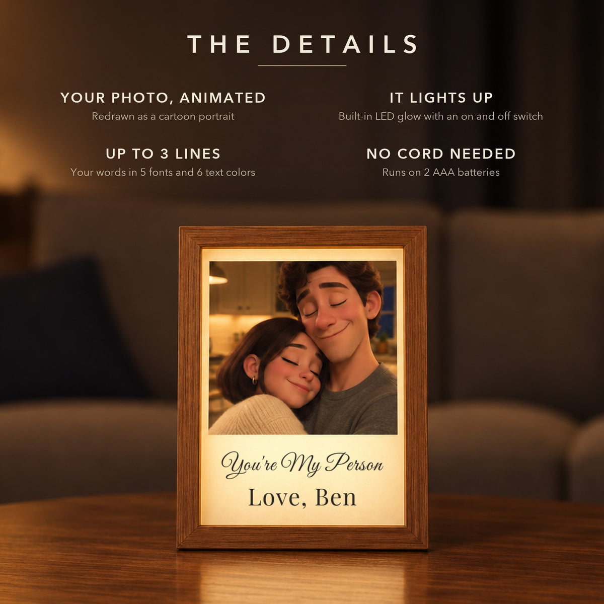 Details of the animated photo frame gift for her: a couple slow dancing in their kitchen as a cartoon, LED glow, You're My Person and Love, Ben below