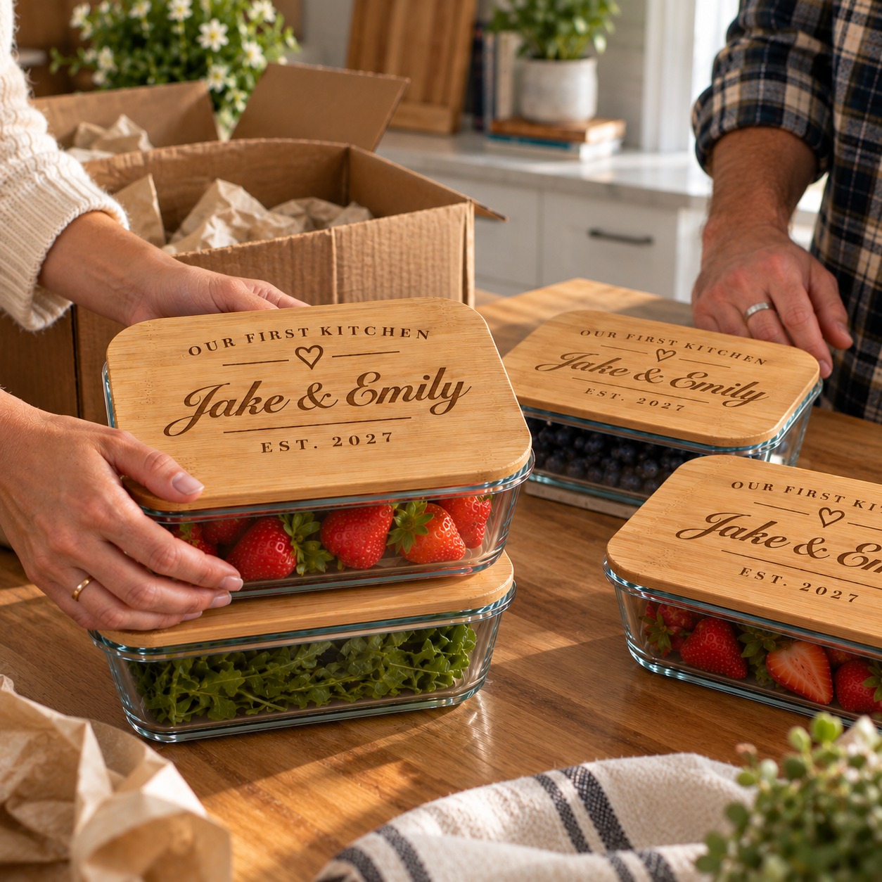 Couple's hands unpacking glass storage containers with bamboo lids engraved Our First Kitchen, Jake & Emily, EST. 2027, in a newly moved-into kitchen