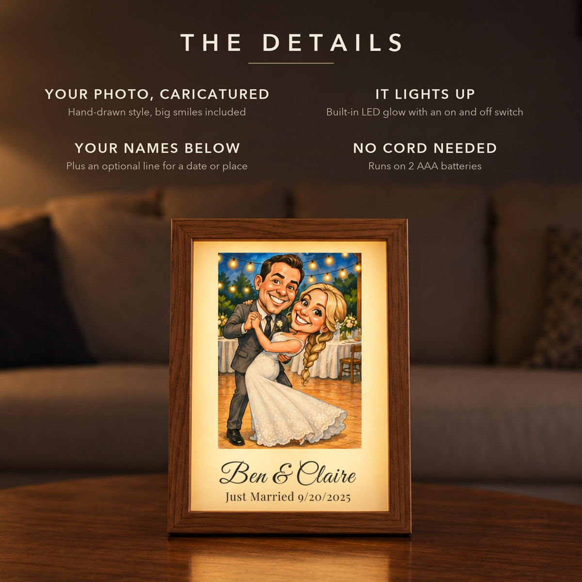 Details of the couples caricature light box: newlyweds dancing at their reception as a hand-drawn caricature, LED glow, Ben &amp; Claire, Just Married