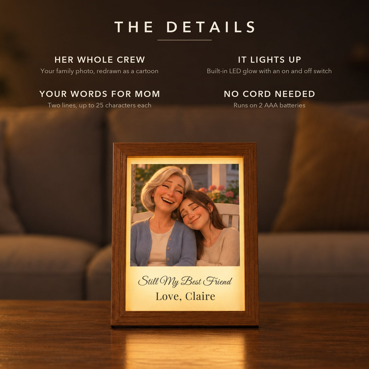 Details of the animated family photo light box gift for mom: a mom and grown daughter on a porch swing as a cartoon, LED glow, Still My Best Friend