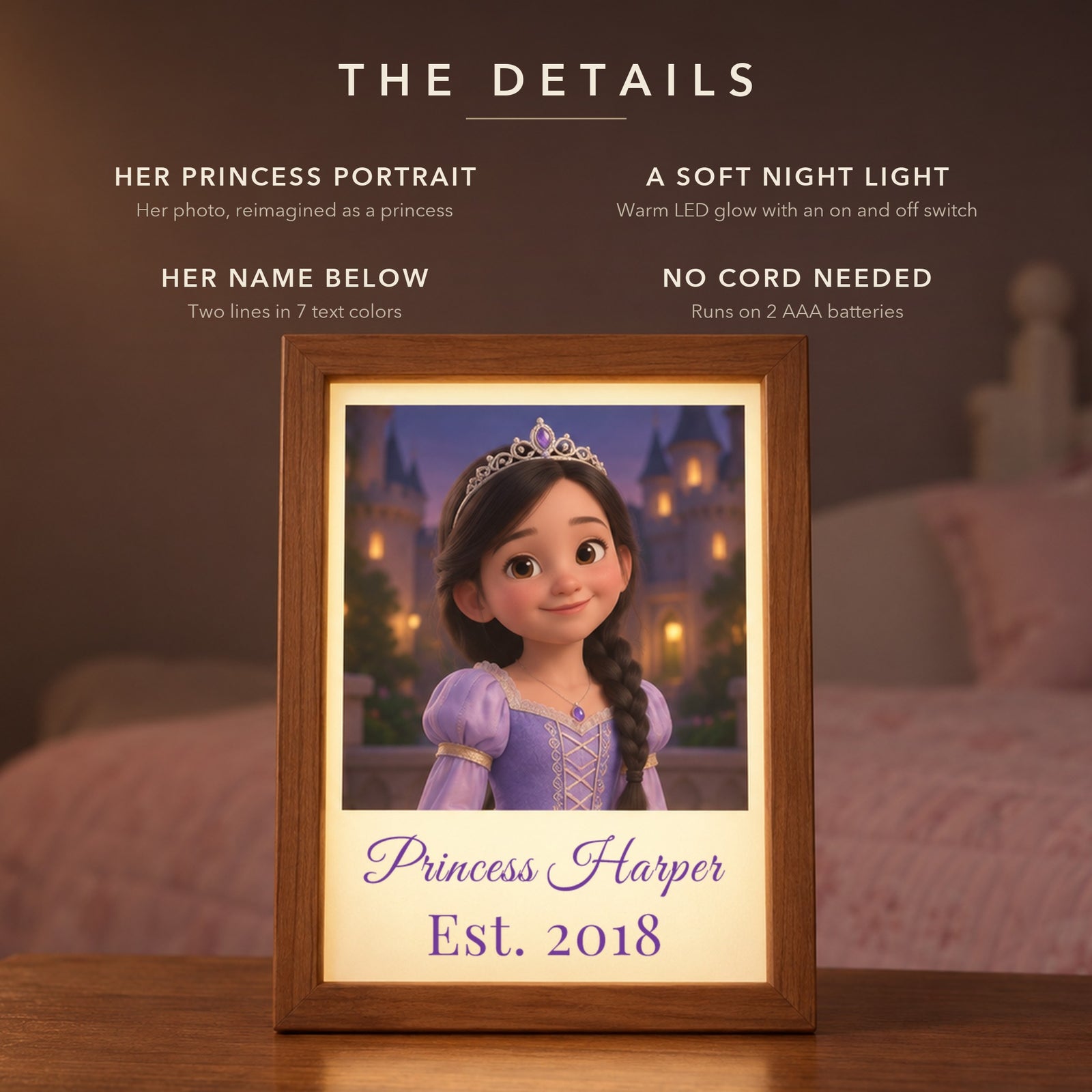 Details of the custom princess night light for girls: her photo as a princess in a lavender gown, soft LED glow, Princess Harper and Est. 2018 below