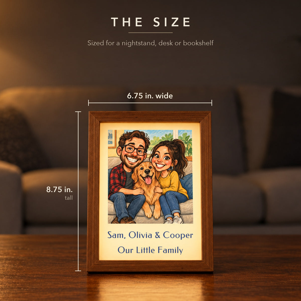 Size of the caricature picture frame, 6.75 inches wide by 8.75 inches tall, a couple and their golden retriever as a caricature, Our Little Family