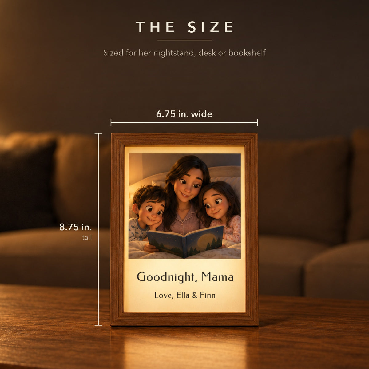 Size of the animated light box for mom, 6.75 inches wide by 8.75 inches tall, a mom reading a bedtime story to two kids with Goodnight, Mama below