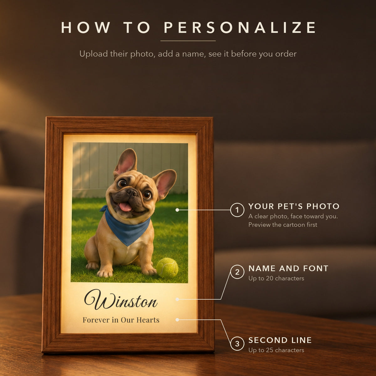 How to personalize the animated pet portrait: upload a clear photo of your pet, add a name up to 20 characters with a font, then a second line up to 25