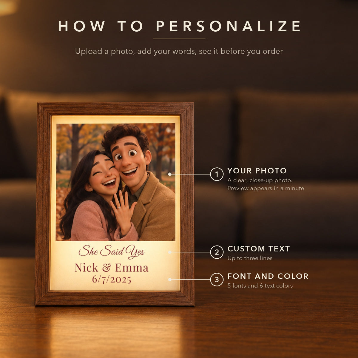 How to personalize the animated picture frame: upload a clear photo, add up to three lines of custom text, then pick 1 of 5 fonts and 1 of 6 colors