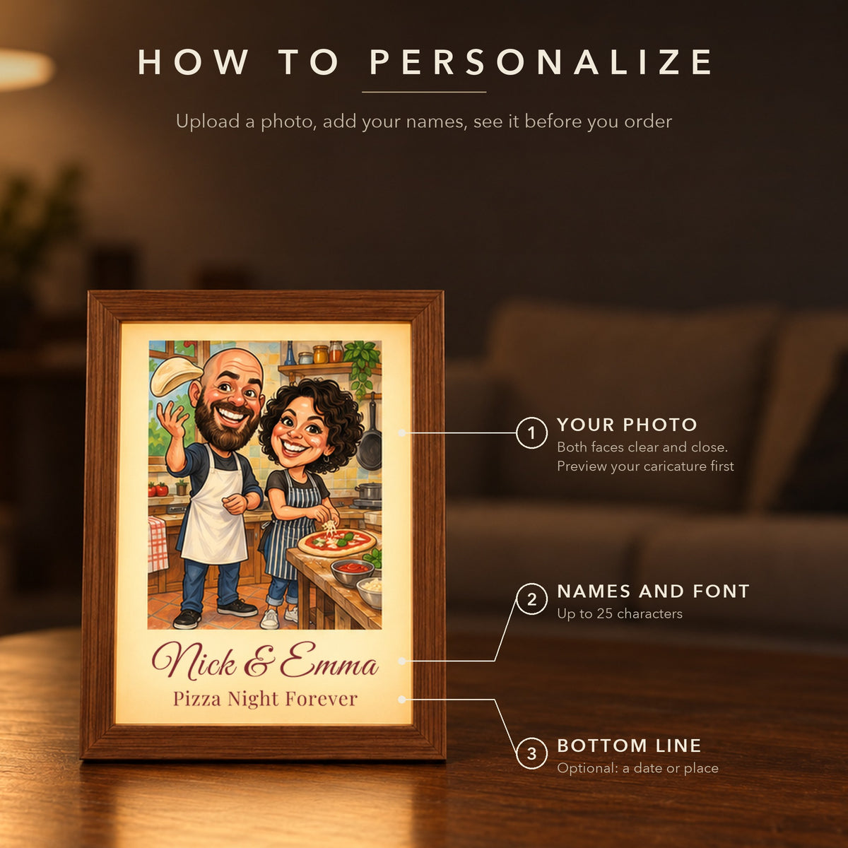 How to personalize the couples caricature light box: upload a photo with both faces clear, add your names and a font, then an optional bottom line