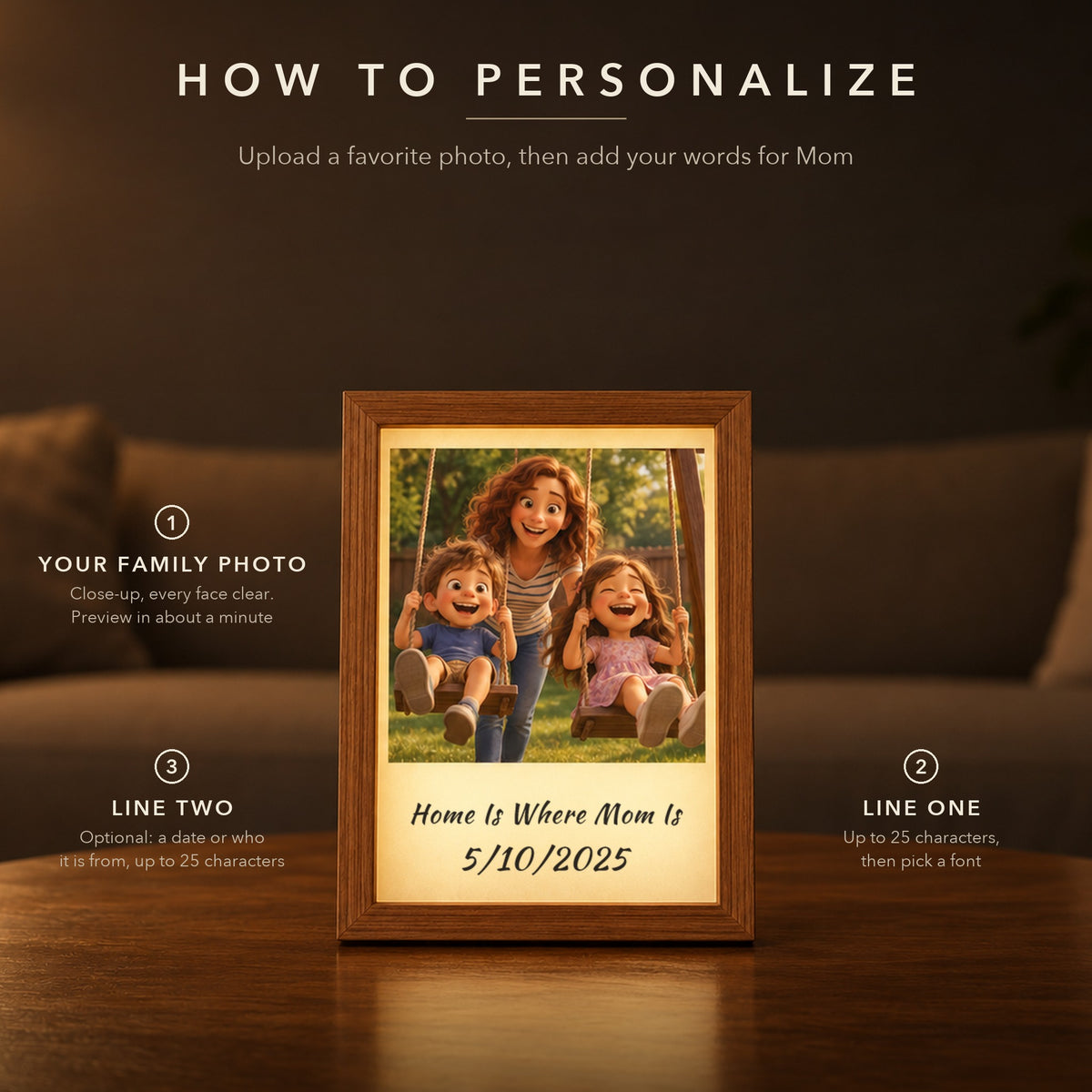 How to personalize the animated family photo light box for mom: upload a family photo, add line one up to 25 characters and a font, optional line two